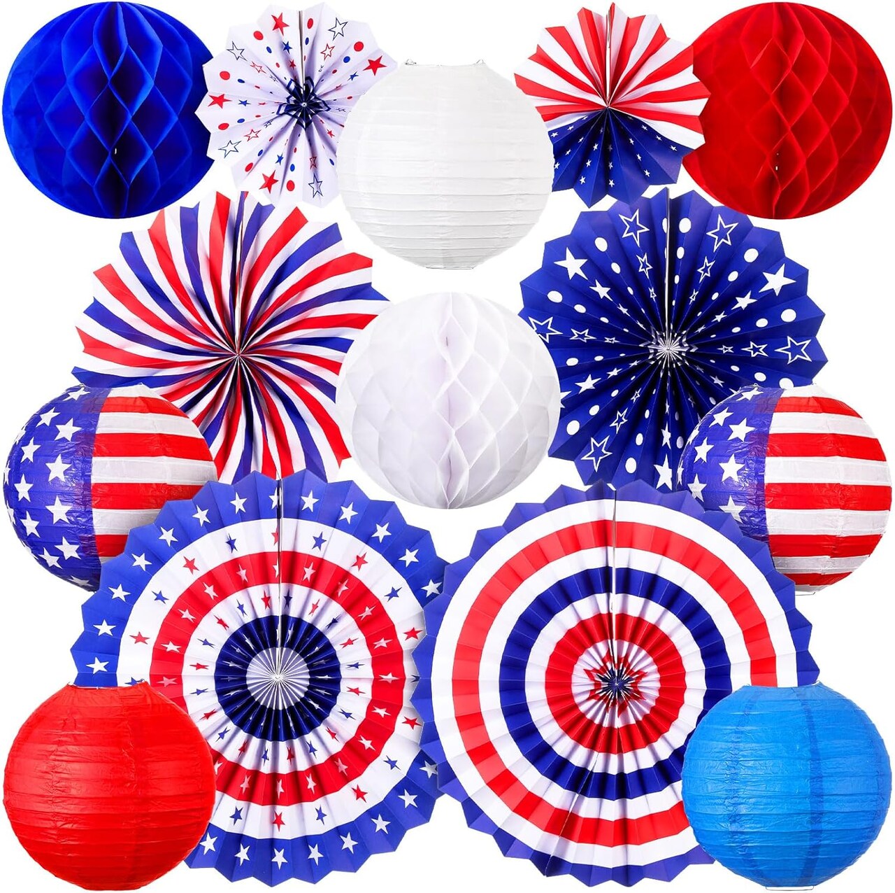 14pc Patriotic Paper Decor Set - Red, White & Blue Fans, Lanterns & Honeycomb Balls